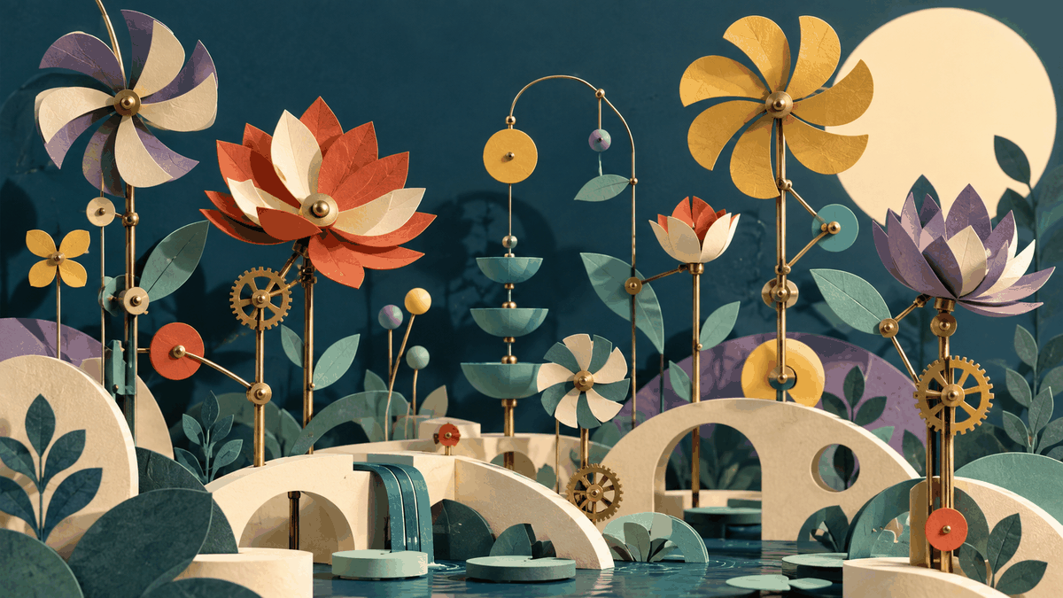 A garden of colorful paper flowers and mechanisms