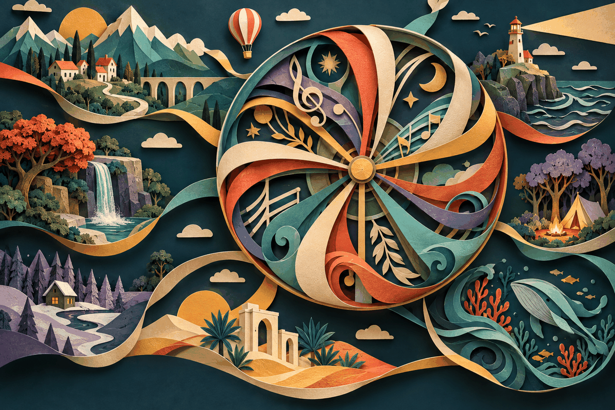 A large paper wheel surrounded by miniature scenes